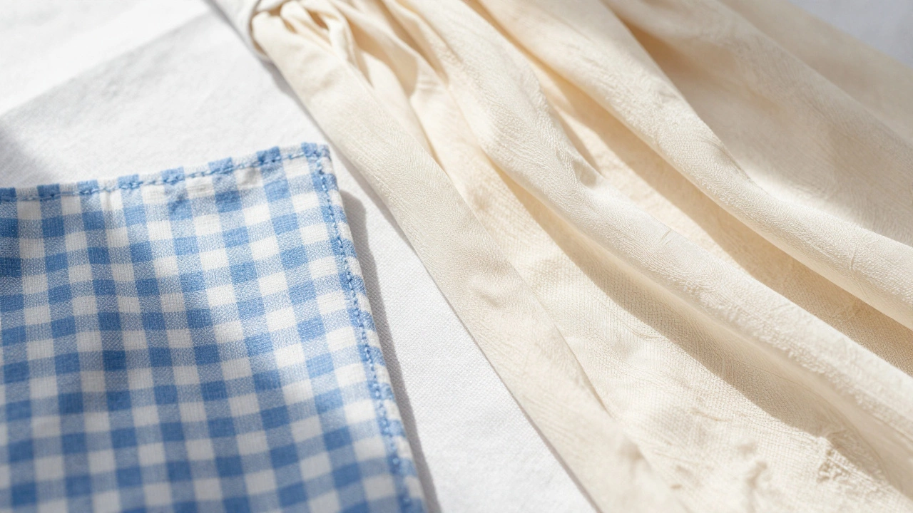 Close-up of breathable summer fabrics including linen, gingham, and chiffon