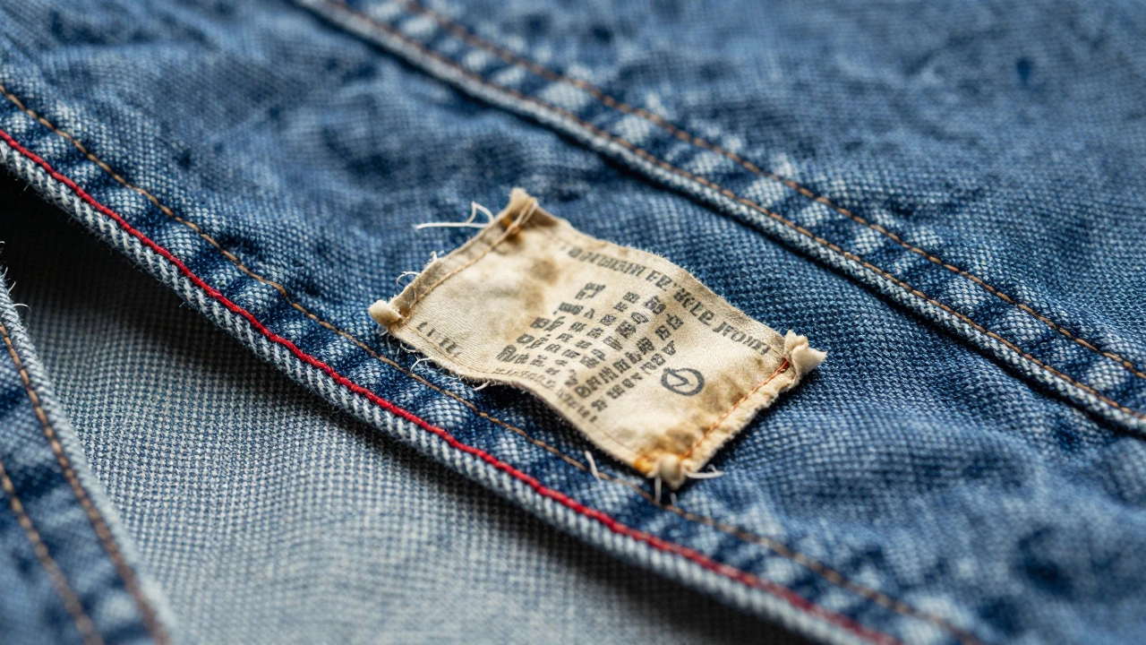 Close up of red-line selvedge denim and aged label