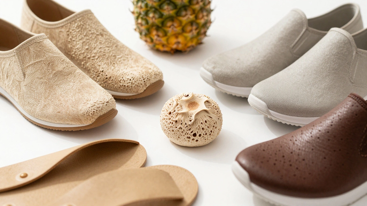 Close up of sustainable vegan shoe materials like mushroom and pineapple leather