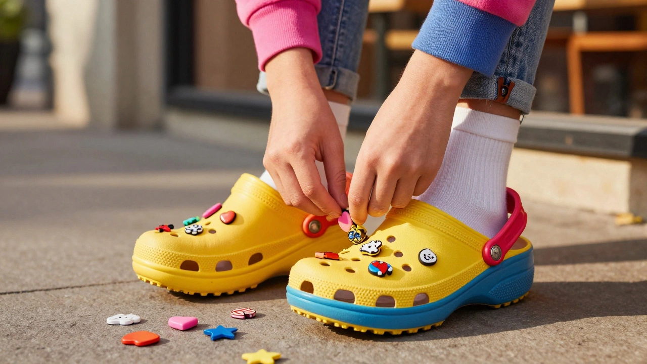 Colorful Crocs being decorated with various Jibbitz charms by hand