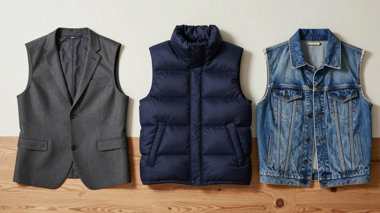 Comparison of formal waistcoat, puffer gilet, and denim vest