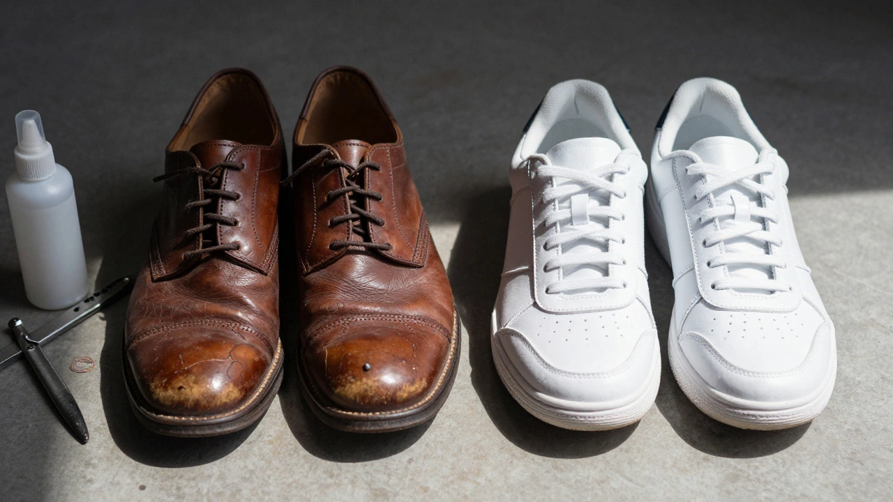 Contrast between worn leather shoes needing care and pristine synthetic sneakers