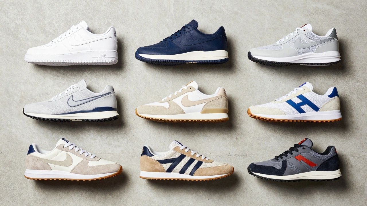 Flat lay of various casual trainer types including lifestyle, running, and skate shoes.