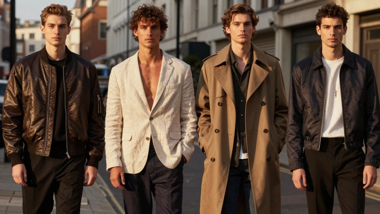 Four men wearing jackets suited to their body types