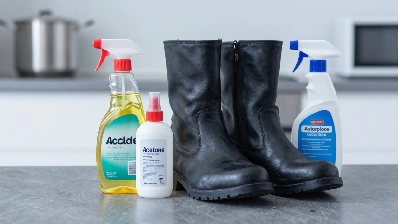 Household chemicals like bleach near leather boots warning