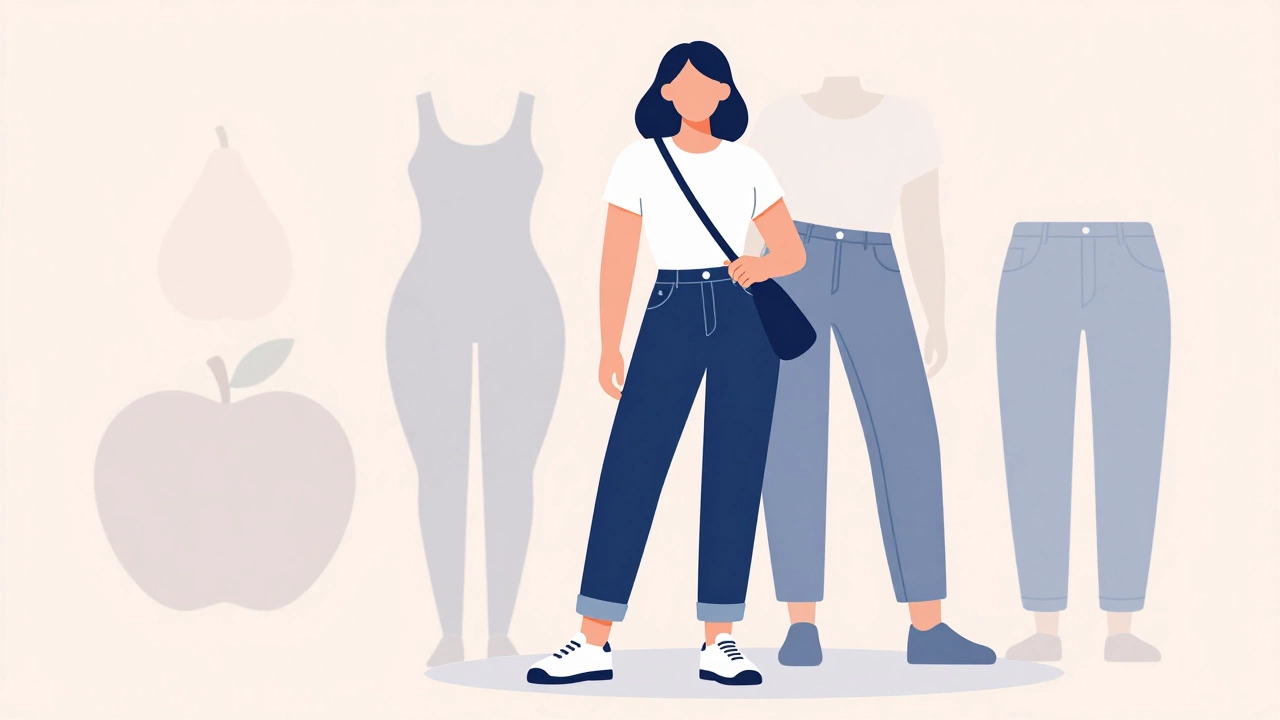 Illustration of woman wearing mom jeans with fitted top and chunky sneakers.