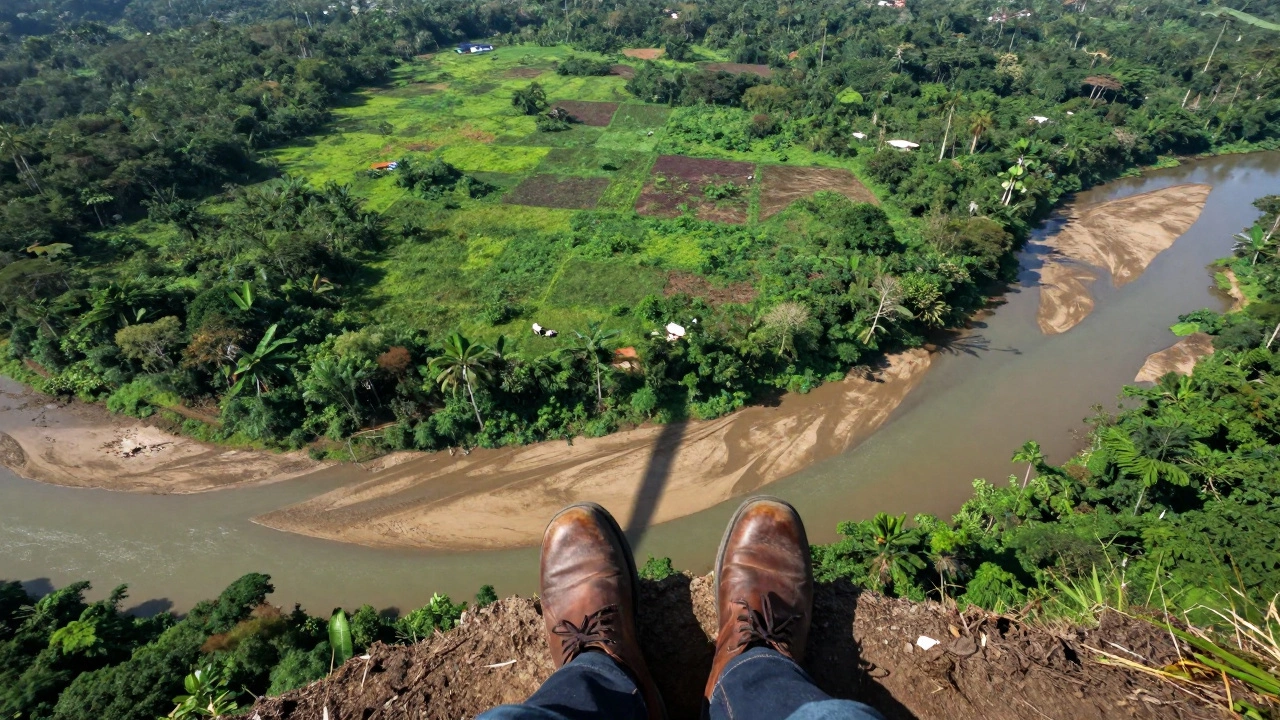 Leather boots standing near deforested land and polluted rivers showing environmental impact
