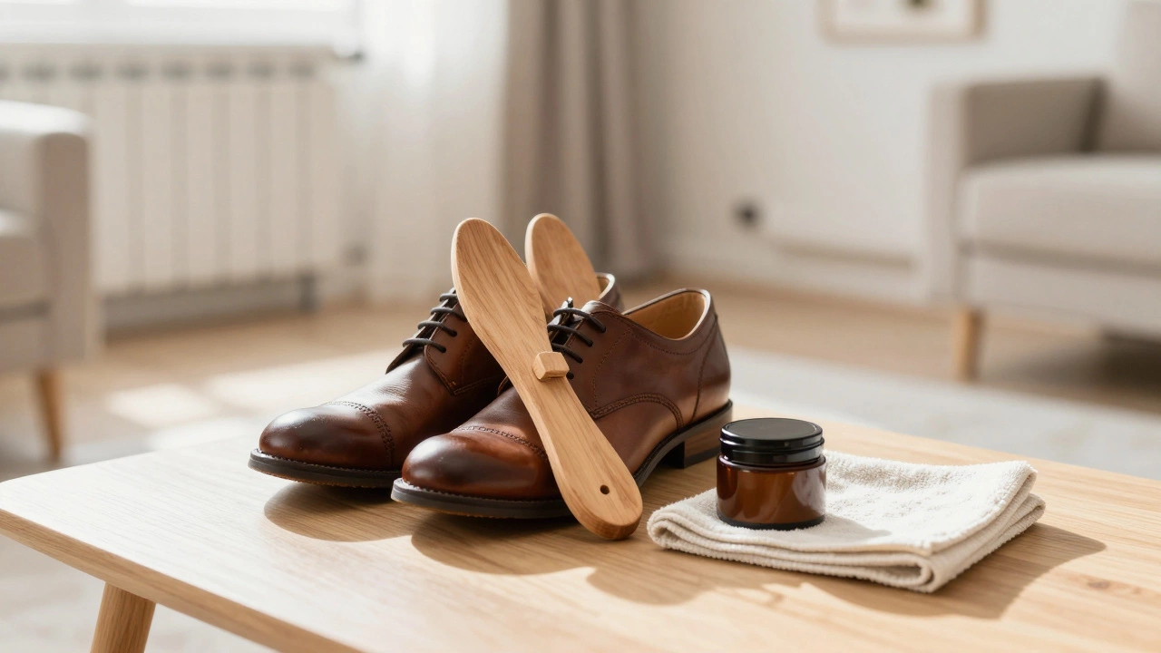 Leather shoes with cedar trees and conditioner for care