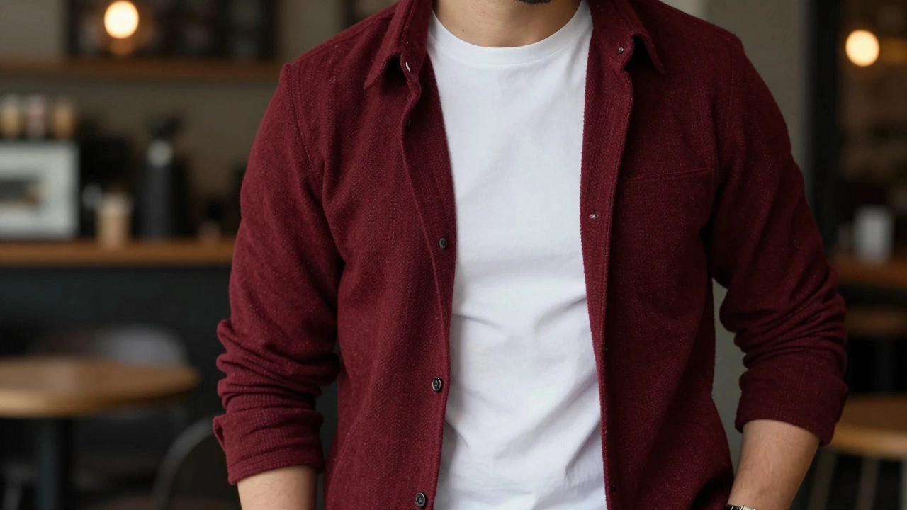 Man in unbuttoned burgundy tweed jacket with rolled sleeves