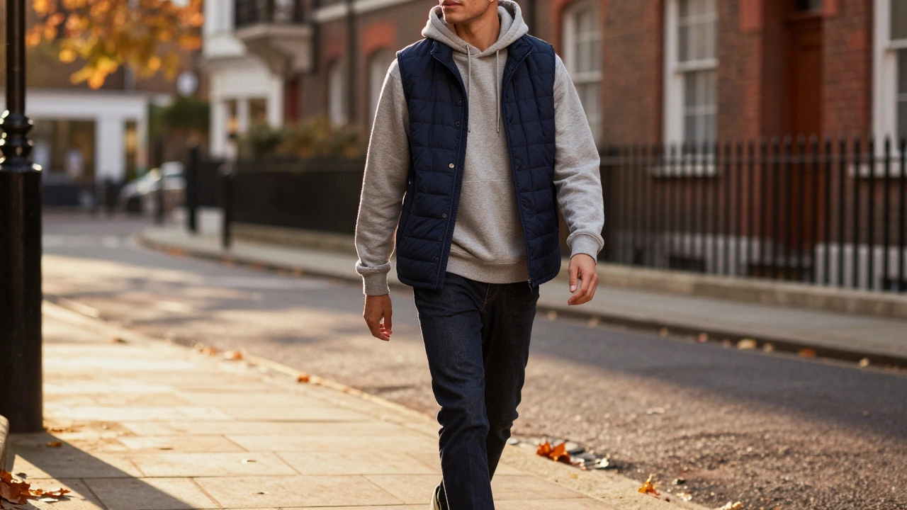 Model wearing a layered gilet outfit on an autumn city street