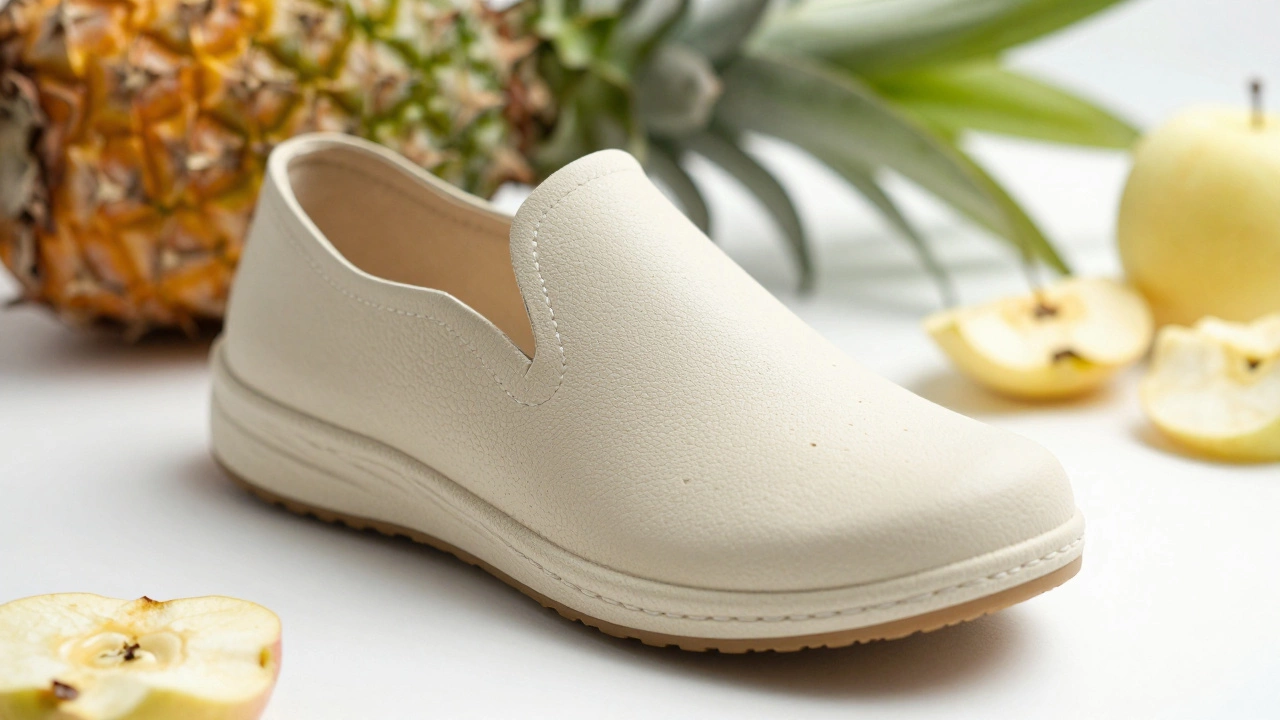 Modern vegan shoe made from mycelium surrounded by pineapple and apple waste