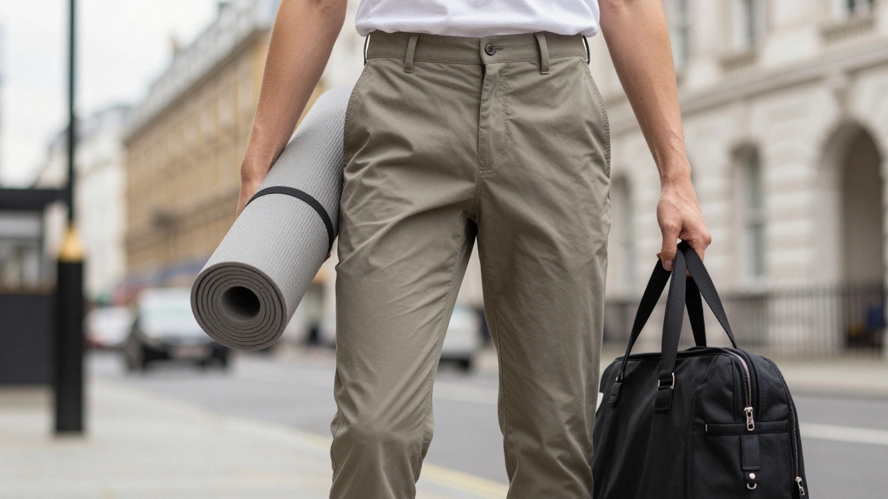 Person wearing hybrid performance casual clothes in city