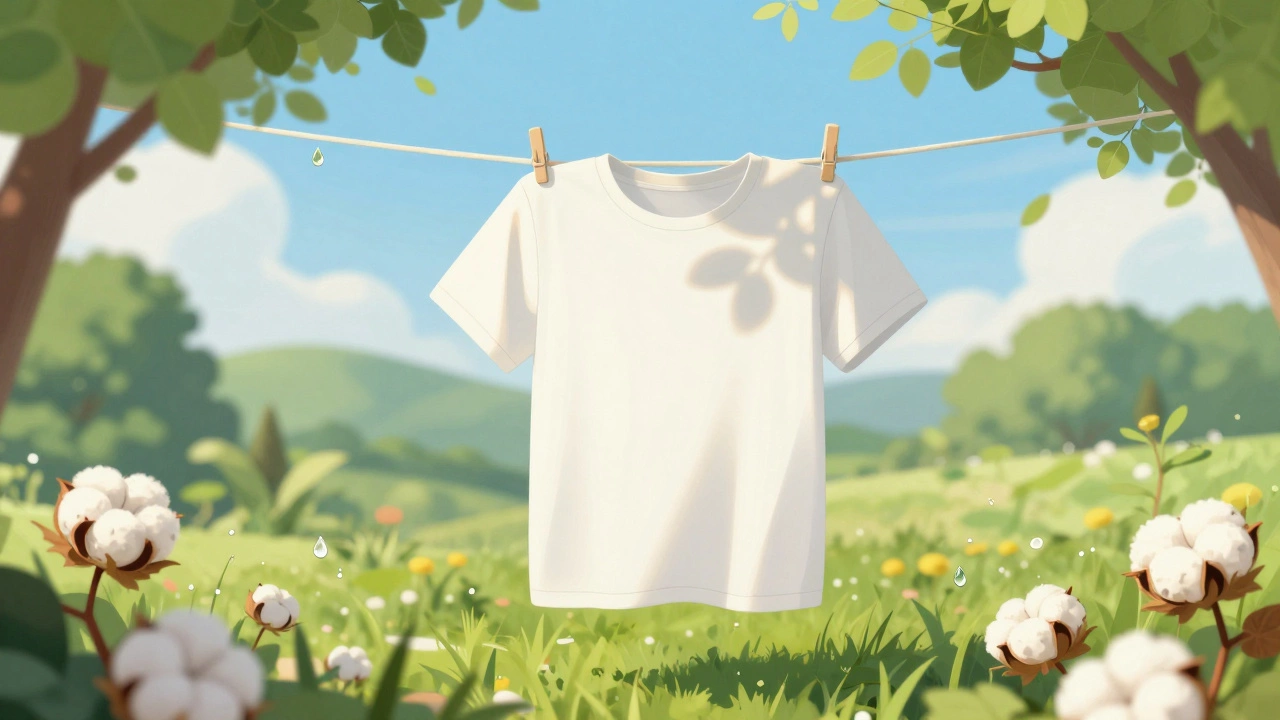 Sustainable t-shirt hanging on a clothesline in nature