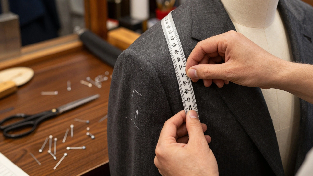 Tailor measuring shoulder seam of grey suit jacket