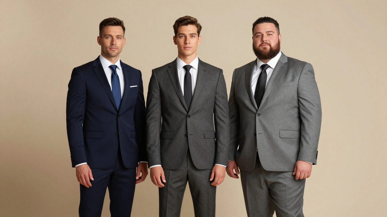 Three men in tailored suits showing different fits