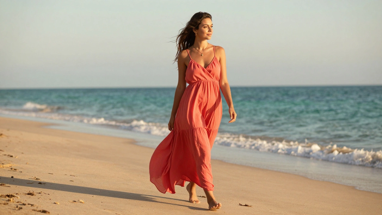 Woman in a flowing coral maxi sundress walking on a sandy beach at sunset