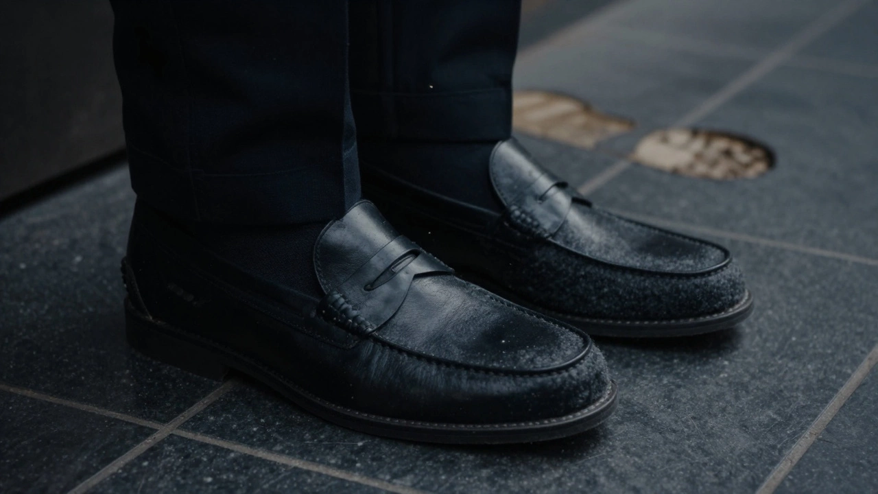 Black and charcoal slippers hiding dirt on dark tiles