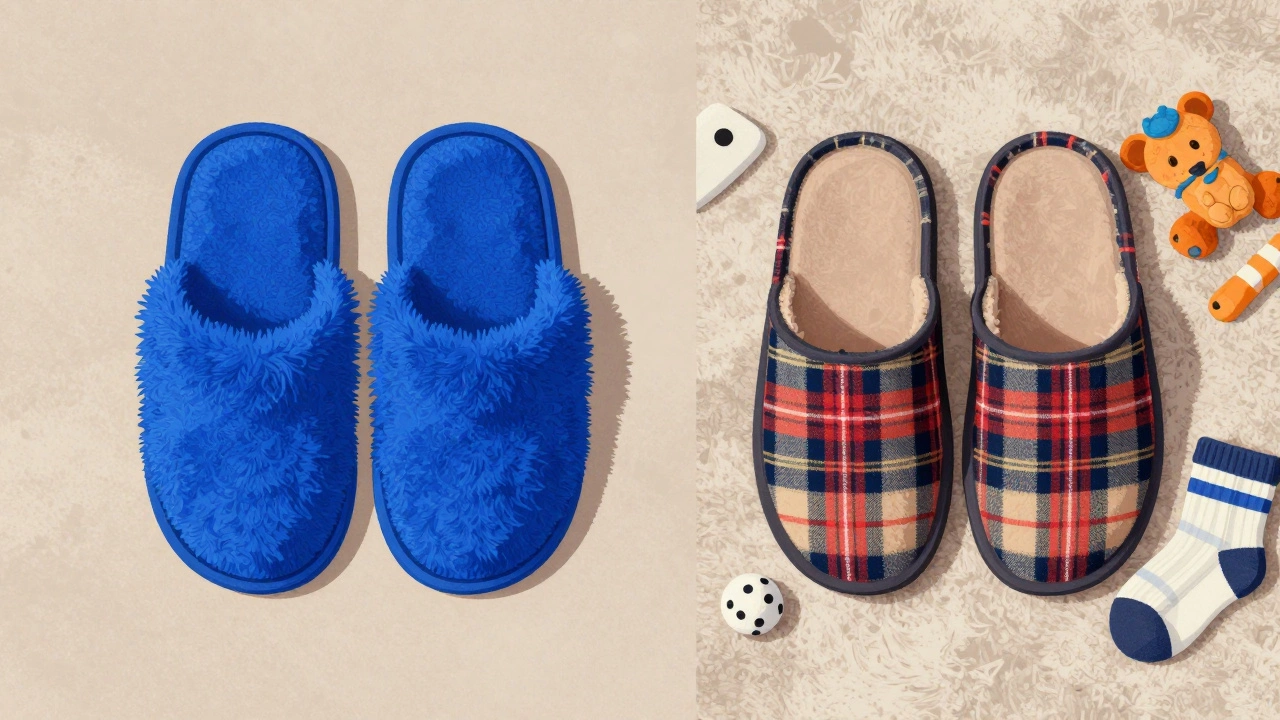 Blue and plaid slippers showing color vs pattern benefits
