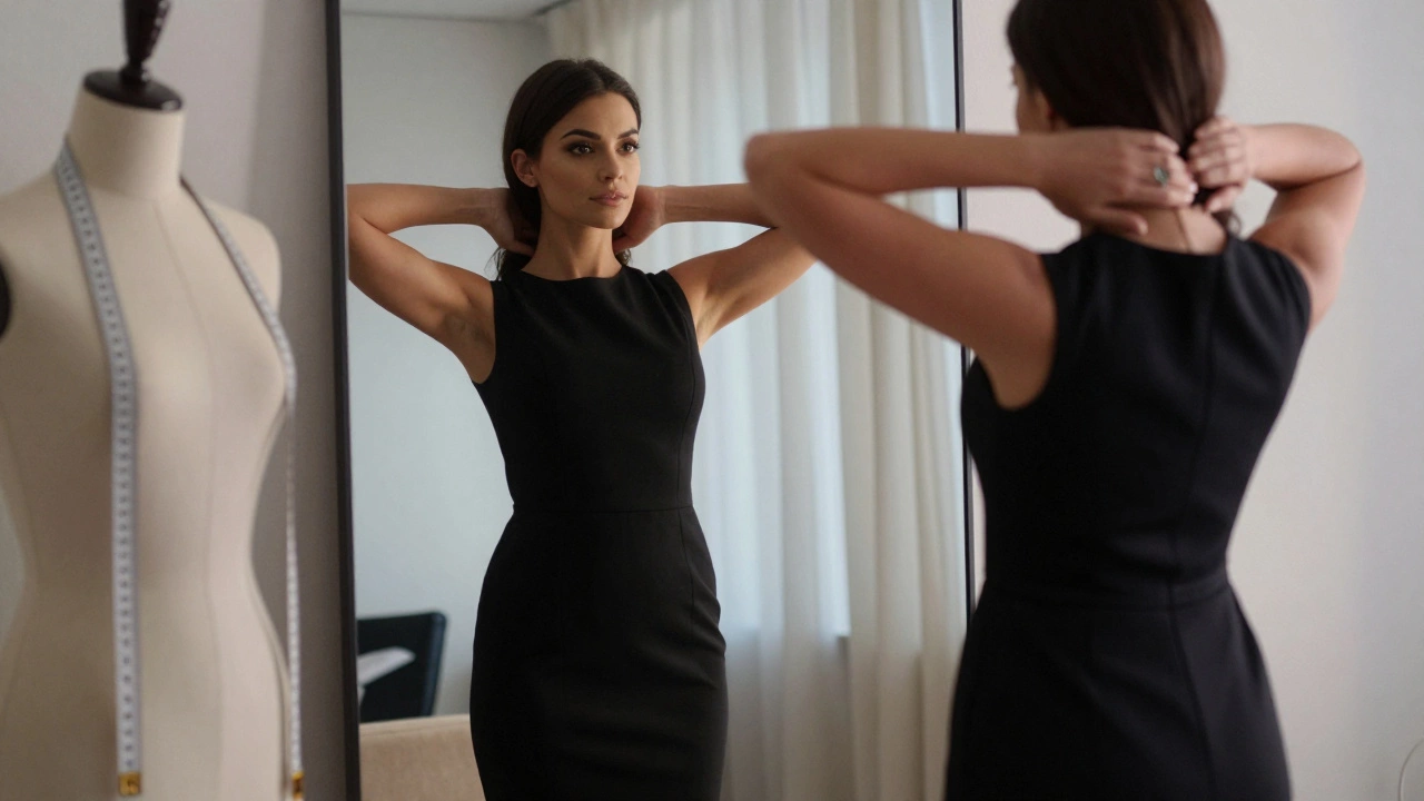 Confident woman in tailored black dress with tailoring tools nearby