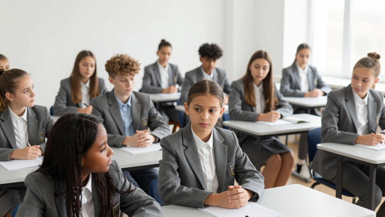 Diverse students in matching blazers sitting in a modern classroom