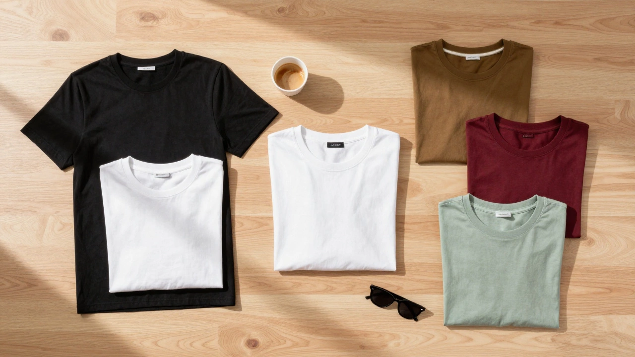 Flat lay of assorted t-shirts showing a balanced wardrobe color ratio.