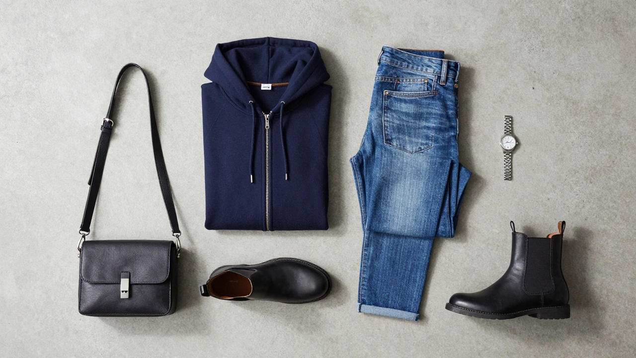 Flat lay of navy hoodie, jeans, boots, and accessories