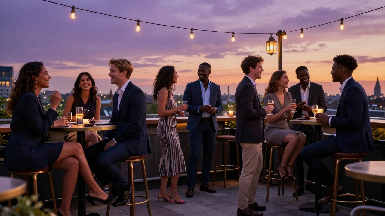 Friends enjoying a social evening at a stylish rooftop bar in fashionable attire.
