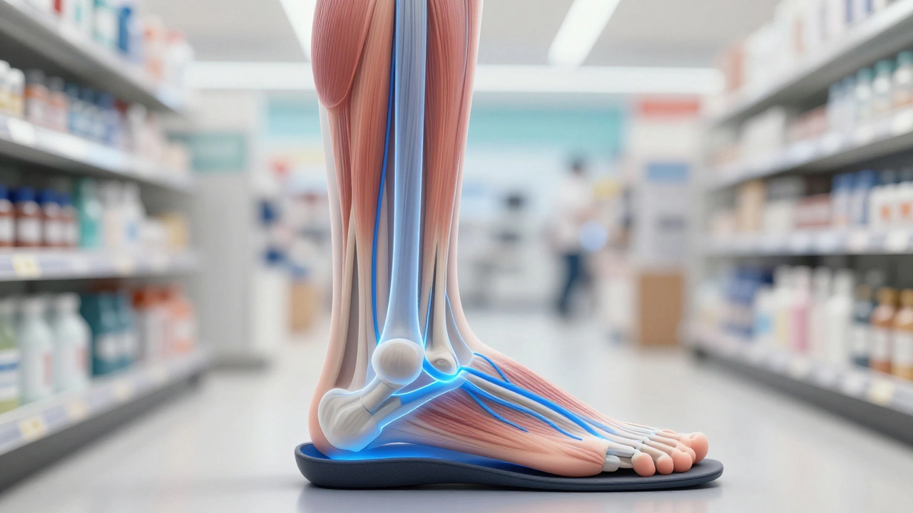 Illustration of leg anatomy showing blood flow and arch support