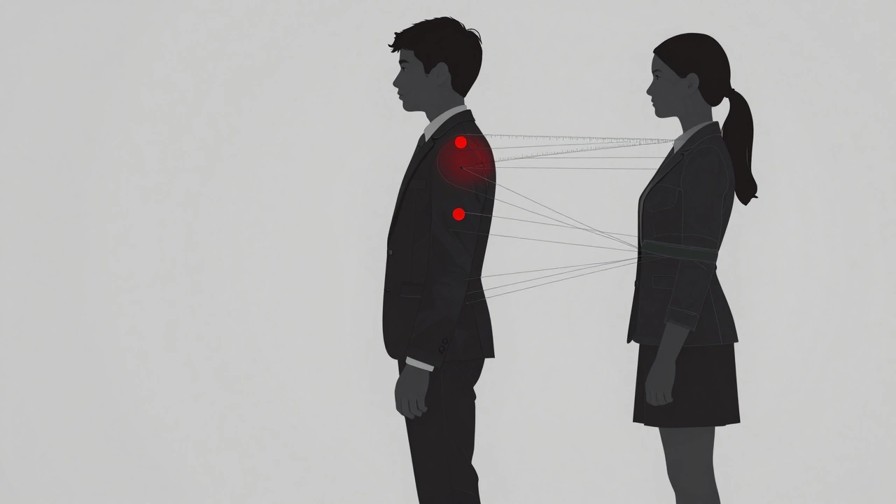 Illustration of tight school uniform restricting a teenager's movement and posture