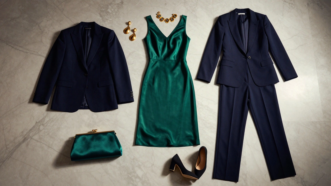 Luxurious cocktail attire including a silk dress, suit, and accessories displayed elegantly.