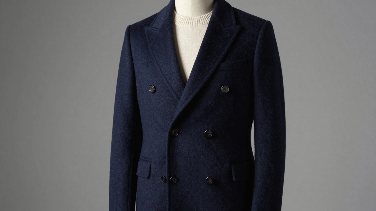 Man in navy wool overcoat layered with cream sweater