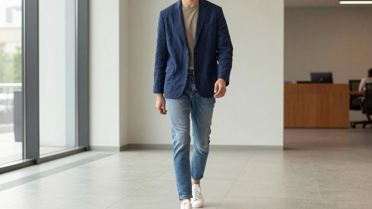 Model in a smart-casual navy linen blazer and white sneakers walking indoors