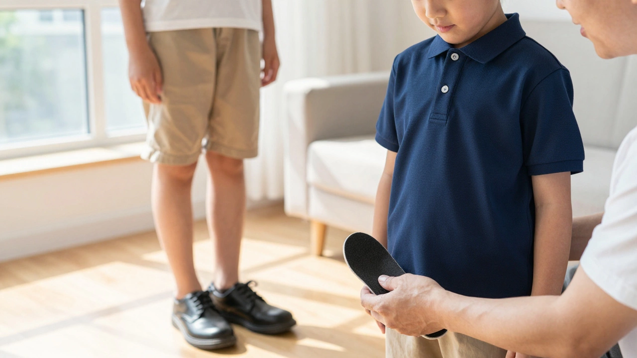Parent adding gel insoles to school shoes and adjusting soft uniform fabric at home