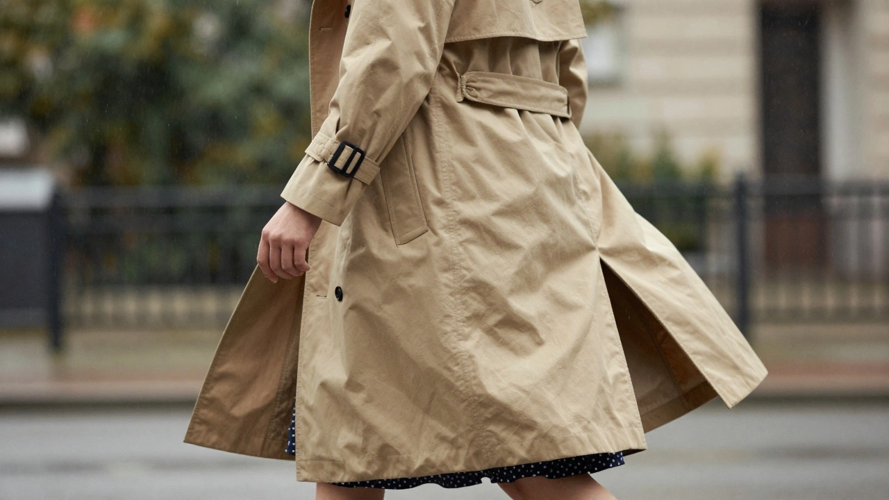 Person in a flowing beige trench coat protecting against wind and rain