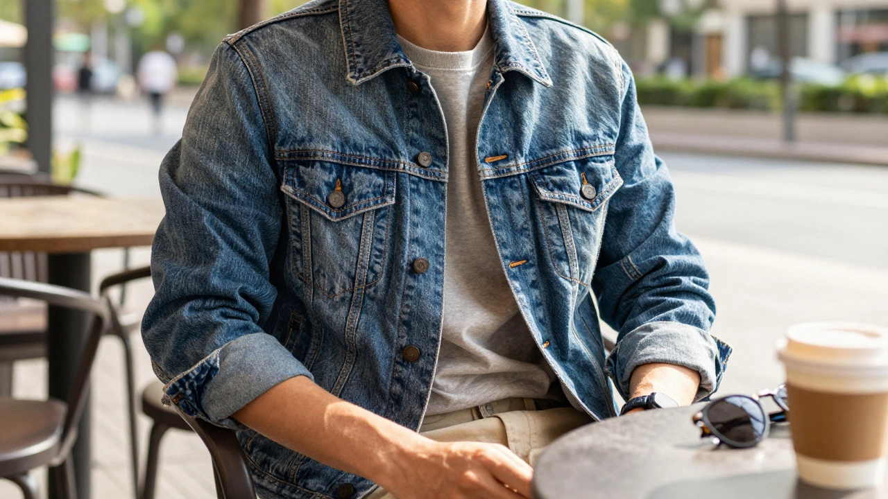 Person wearing medium wash denim jacket at cafe