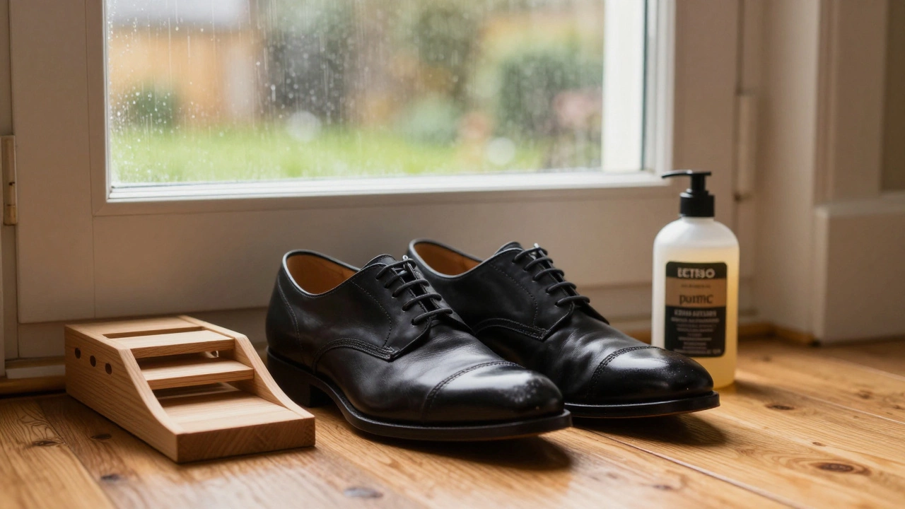 Polished leather shoes with cedar shoe tree and conditioner near a rainy window
