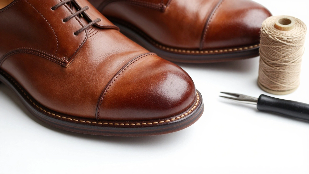 Side view of leather shoe highlighting Goodyear welt stitching and construction