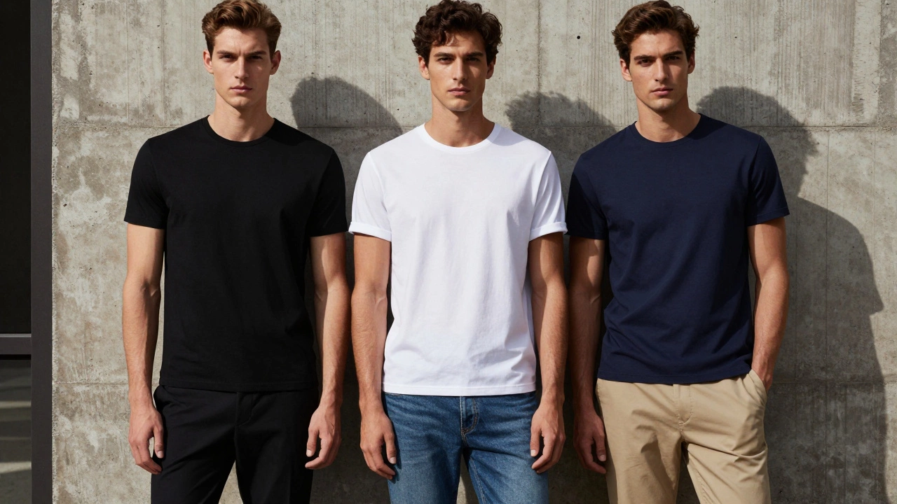 Three men modeling black, white, and navy t-shirts in an urban setting.
