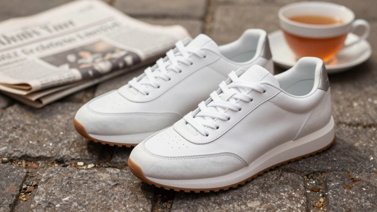 Trendy sneakers on cobblestones representing British style