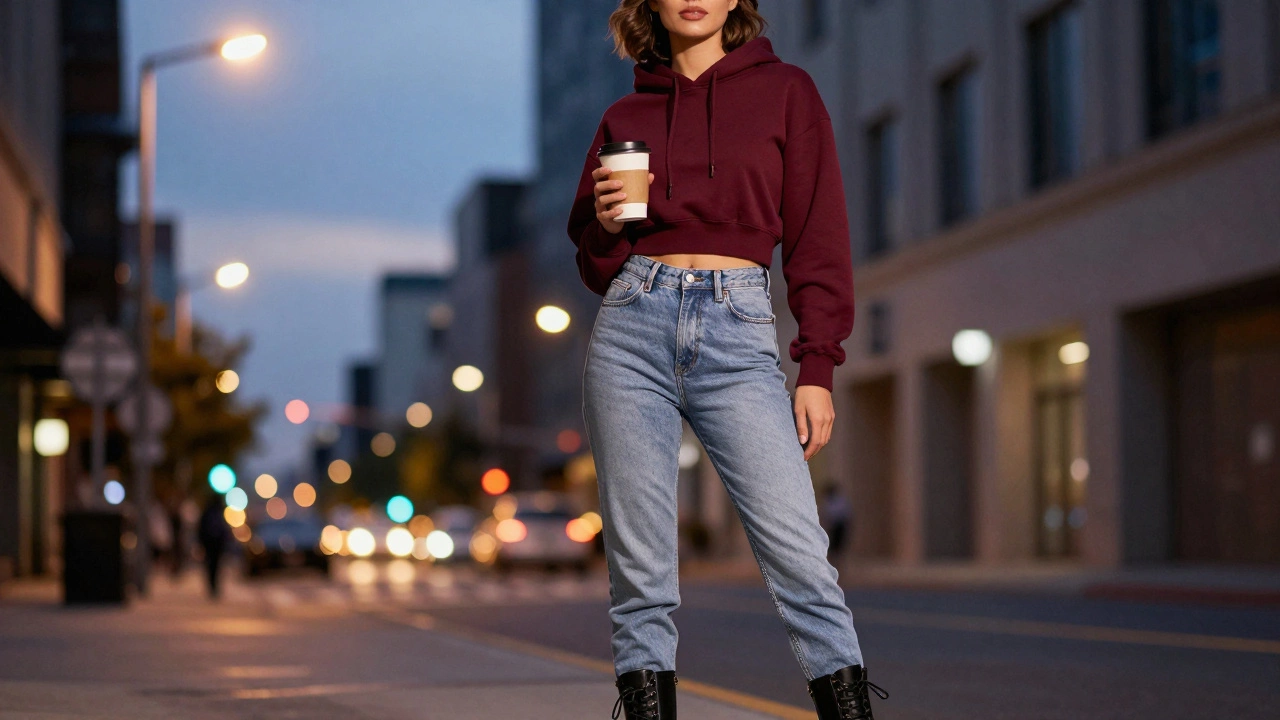 Woman in burgundy cropped hoodie and light jeans holding coffee