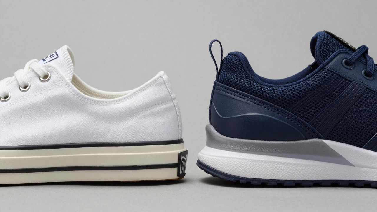 Close up of a canvas sneaker next to a technical trainer