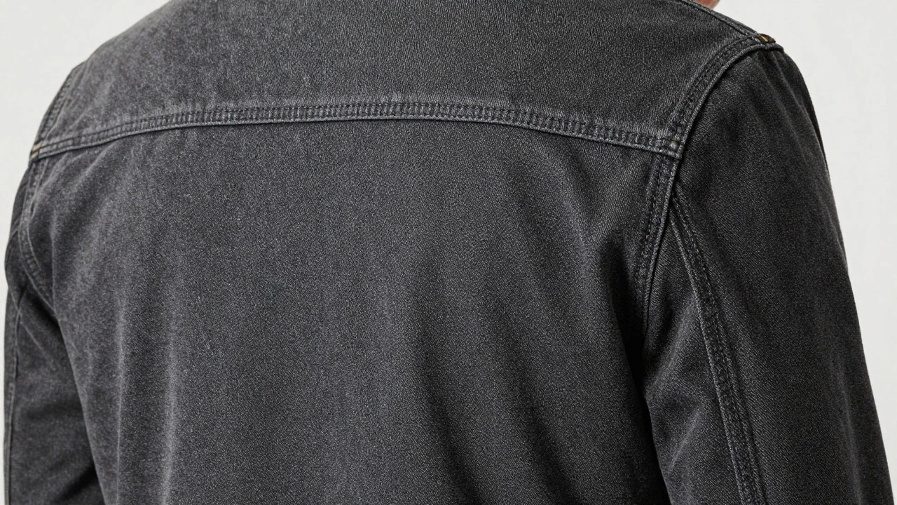 Close-up of high-quality grey denim jacket showing perfect fit and fabric