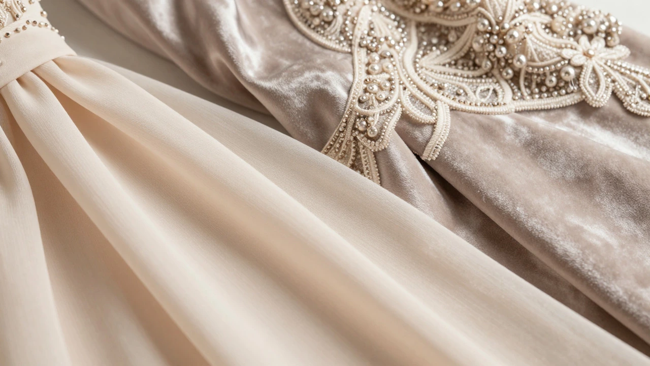 Close-up of lightweight cocktail fabrics versus heavy evening gown textiles