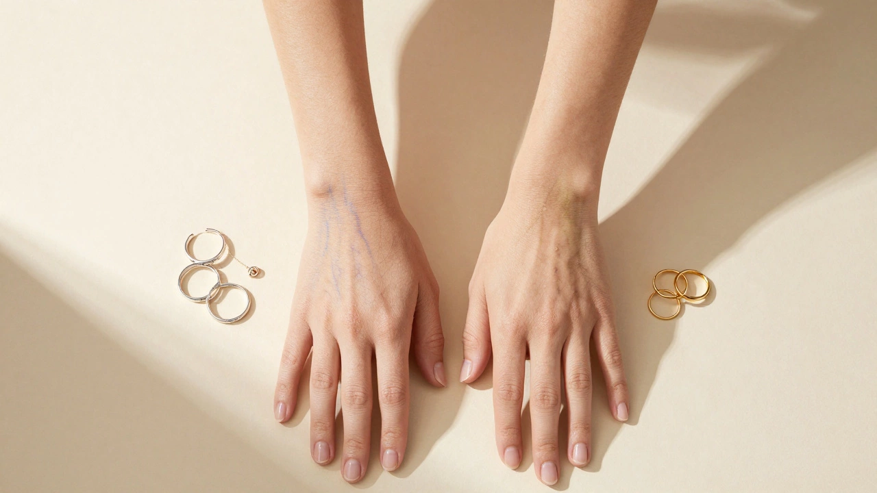 Close-up of wrists showing vein colors and matching jewelry tones