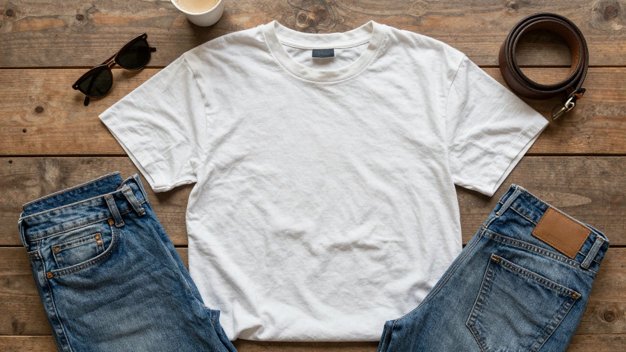 Flat lay of vintage heavyweight white t-shirt and denim on wood table