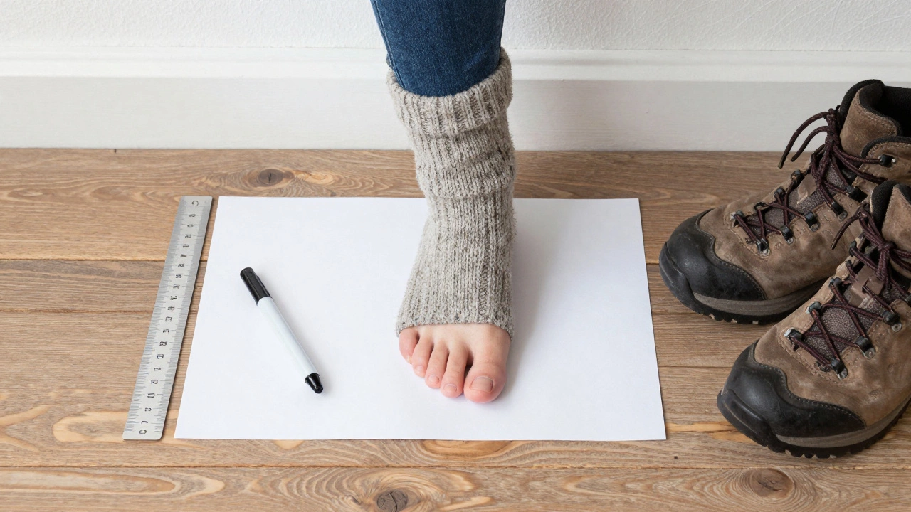 Foot traced on paper next to ruler and hiking boots