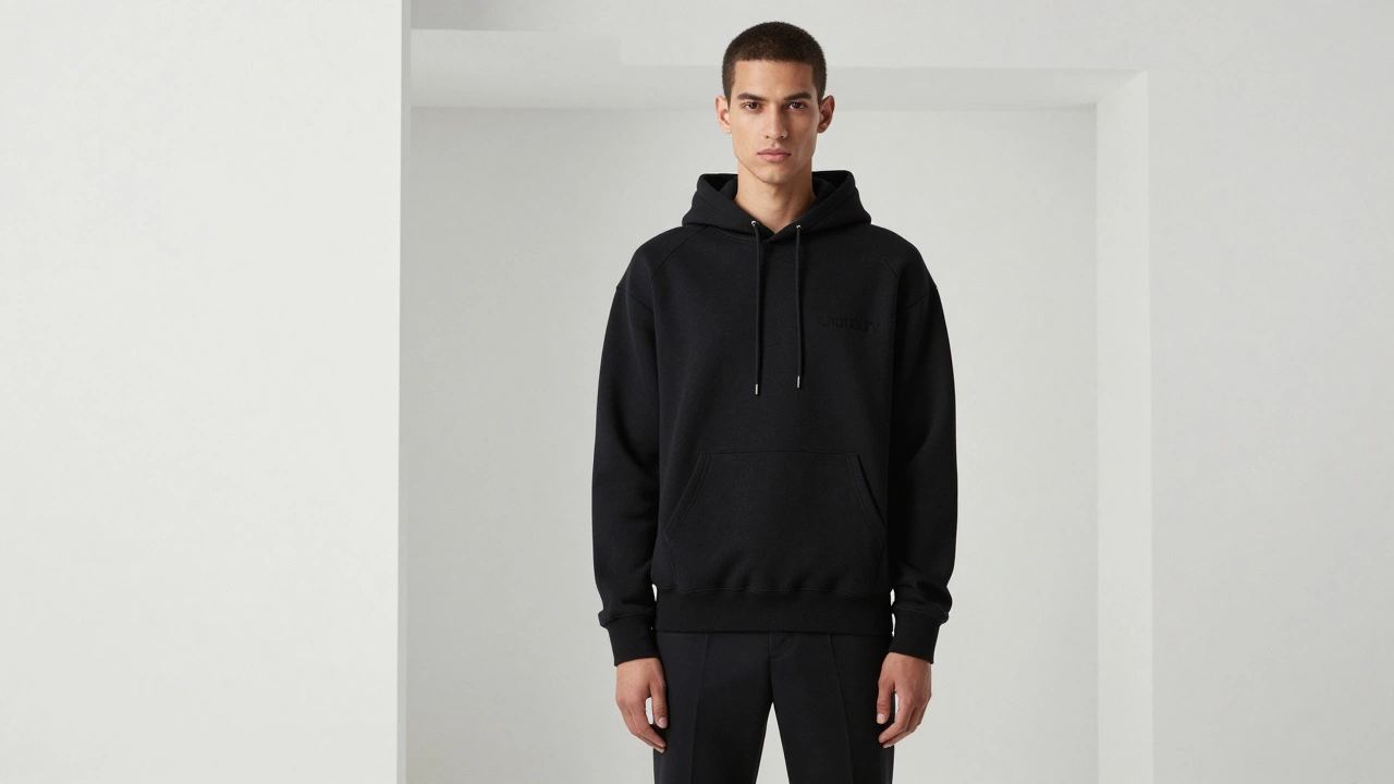 High-fashion minimalist shot of a tailored black hoodie in a white architectural space.
