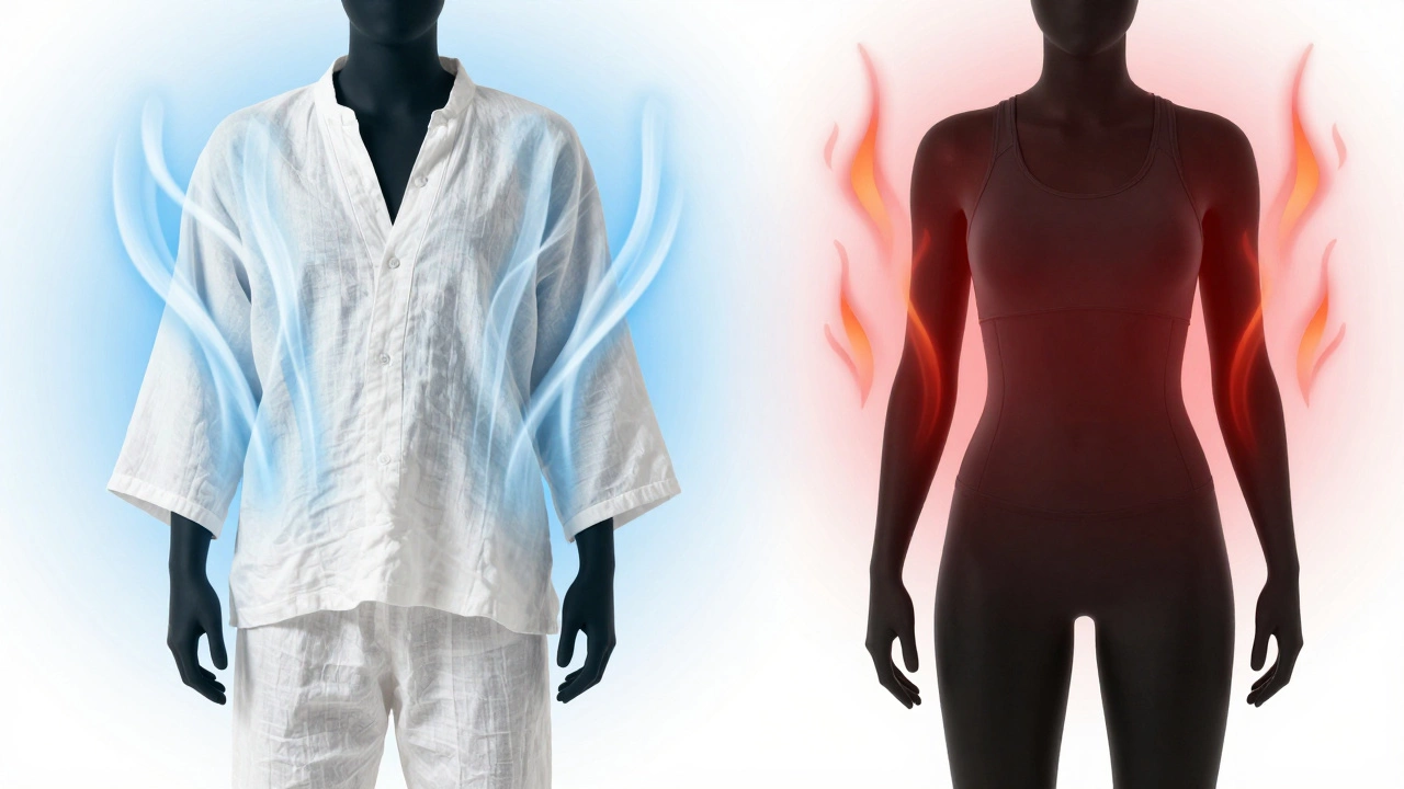 Illustration comparing breathable linen vs heat-trapping nylon
