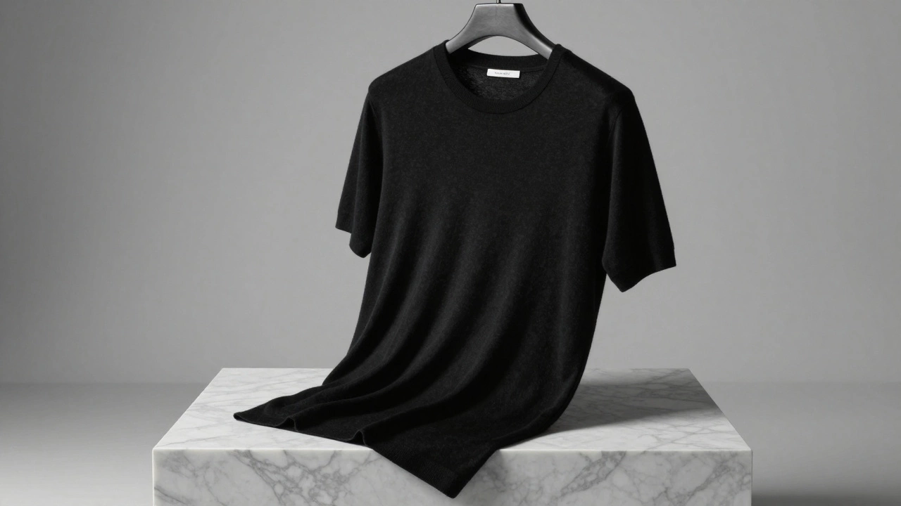 Luxury black cashmere t-shirt draped elegantly on minimalist display