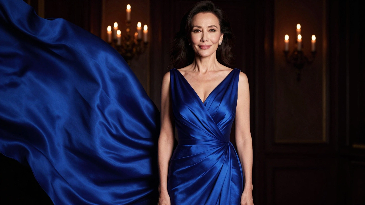 Mature woman in a royal blue satin gown glowing in candlelight
